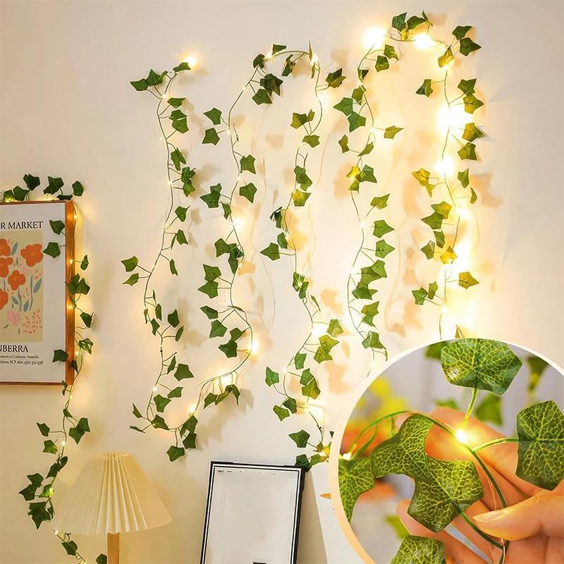 2/10M Silk Leaves Fake Creeper Green Leaf Ivy LED String Lights Home Decor Hanging Garland Artificial Plants Wedding Decoration