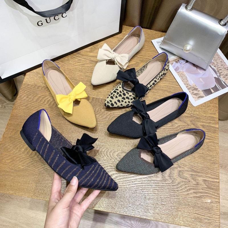 Single shoes women's new bow flat bottom super soft knitted pointed head shallow mouth woven bean shoes