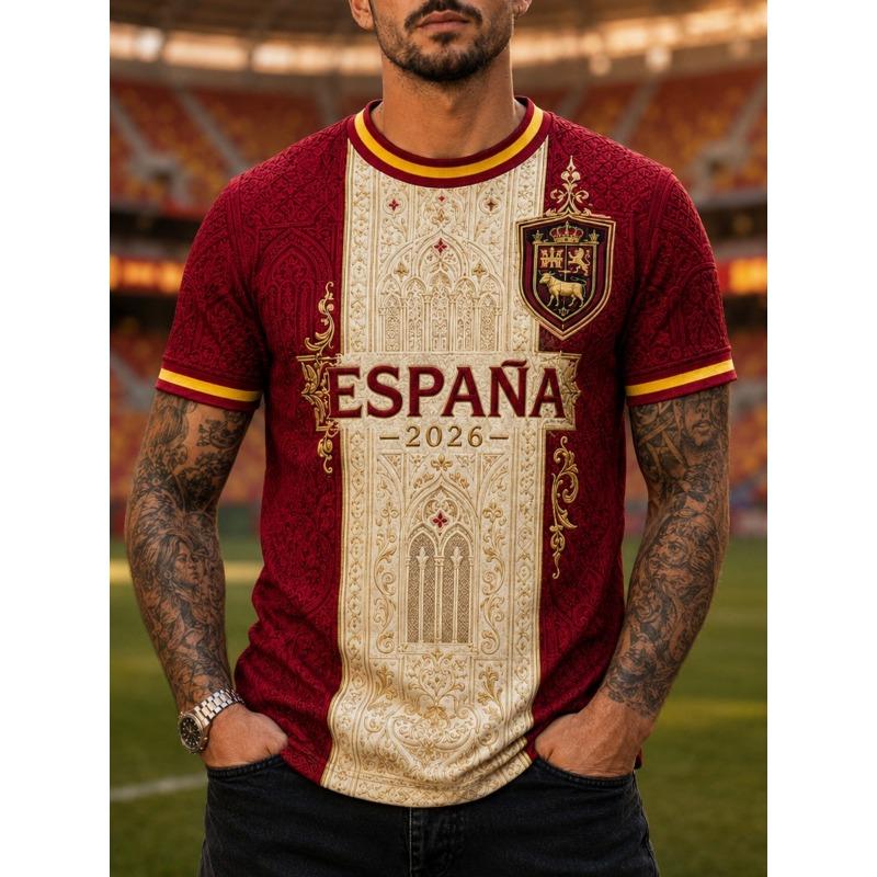 Bandiera Squadra Nazionale Spagnola 2026, Maglia da Calcio per Tifosi, Leone Retro 3D Asciugatura Rapida Sportivo Casual Top da Uomo Maglietta