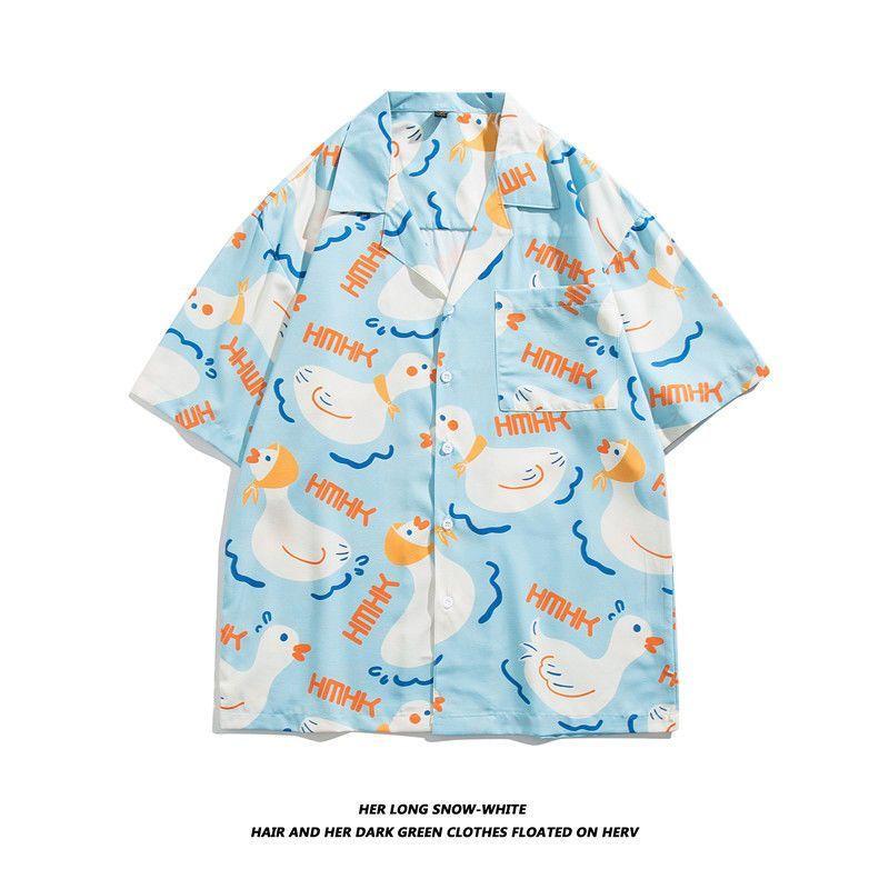Straight Streetwear Fashion Casual Shirts Turn-down Collar Man Short Sleeve Button Printing Spring Summer Thin Men's Clothing