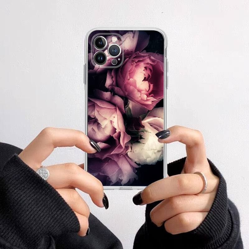 Elegant Pink Purple Peony Flower On the Vase Phone Case For iPhone 14 13 12 11 XS X XR SE 2020 6 7 8 Plus Mini Transparent Shell