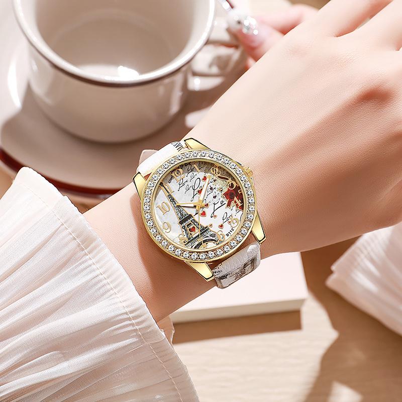 Fashion Rhinestone Women's Watch Flowers Printed Leather Band Female Quartz Watches