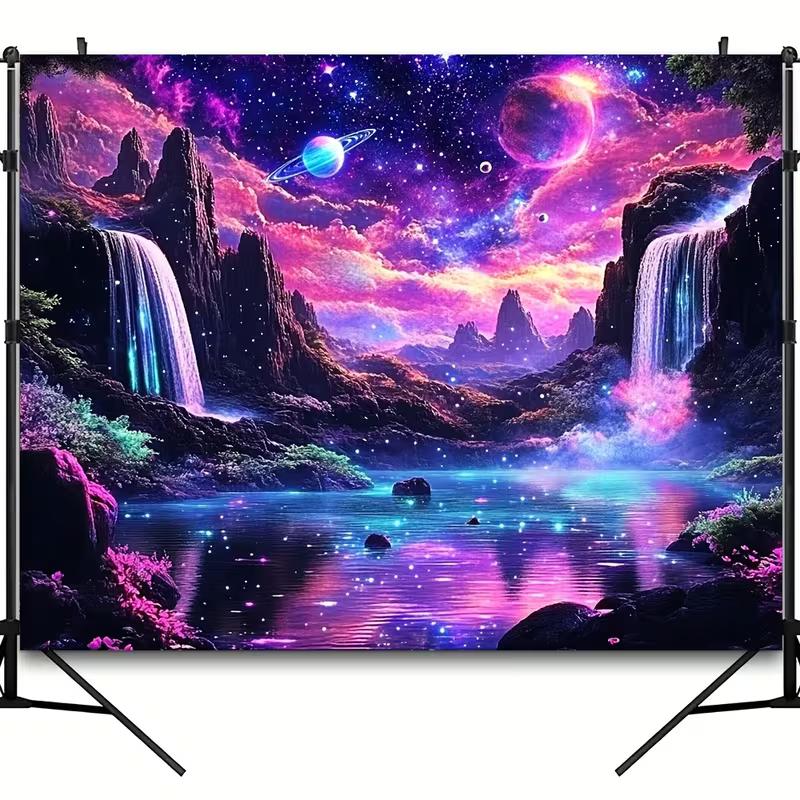 2D Dreamy Galaxy Waterfall Landscape Wall Hanging, Neon Fantasy Space Wilderness Home Background Tapestry