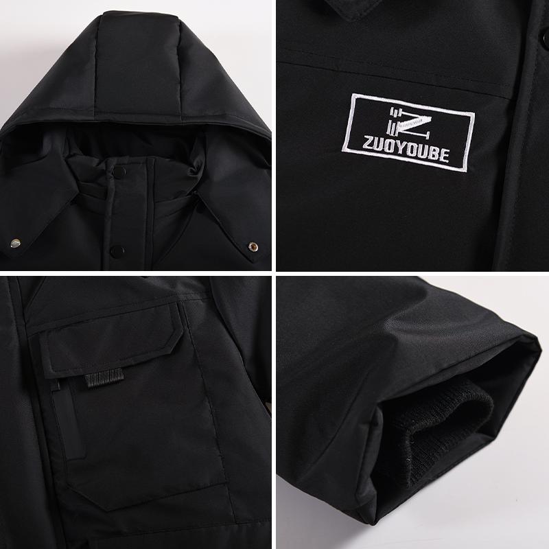 5-12 Years Kids Winter Mid-length Hooded Cotton Jacket Letter Icon Cargo Pocket Coat Boys Outdoor Windproof Sports Outerwear