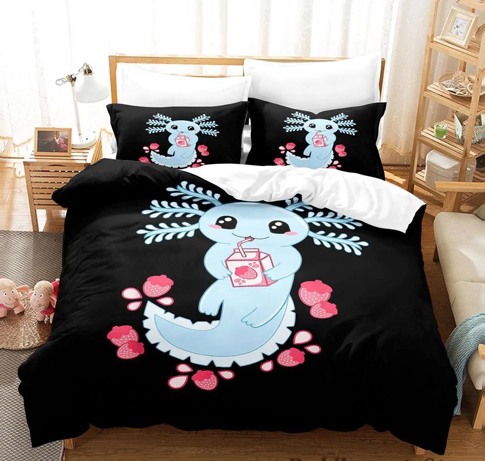 Kawaii Djur Axolotl Tryck Sängkläder Set Enkelt Twin Full Queen King Size Sängset Aldult Barn Sovrum Påslakanset 3D Anime