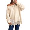 Women's Off Shoulder Loose Fit Knit Sweater Lace Trim Long Sleeve Round Neck Pullover Top for Fall Winter