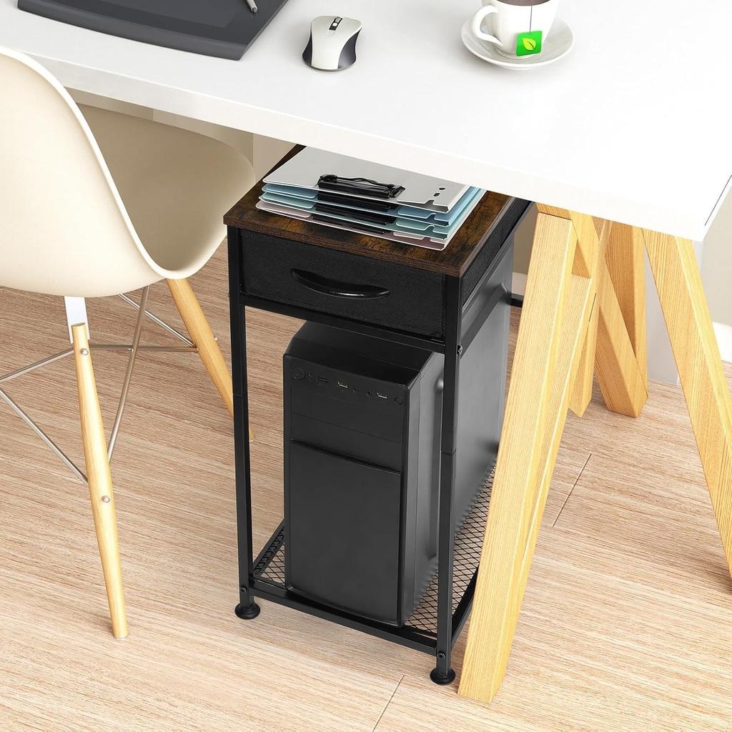 Rolling PC Tower Stand with Wheels - 2 Tier CPU Holder & Storage Drawer, Mobile Cart for Home/Office (Rustic Brown)