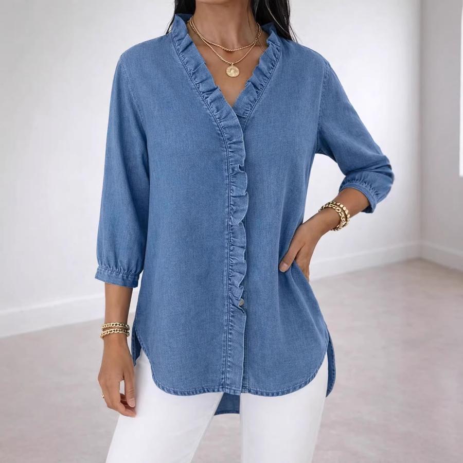 Spring/Summer Women's Casual Faux Denim V-Neck Ruffled Shirt Top
