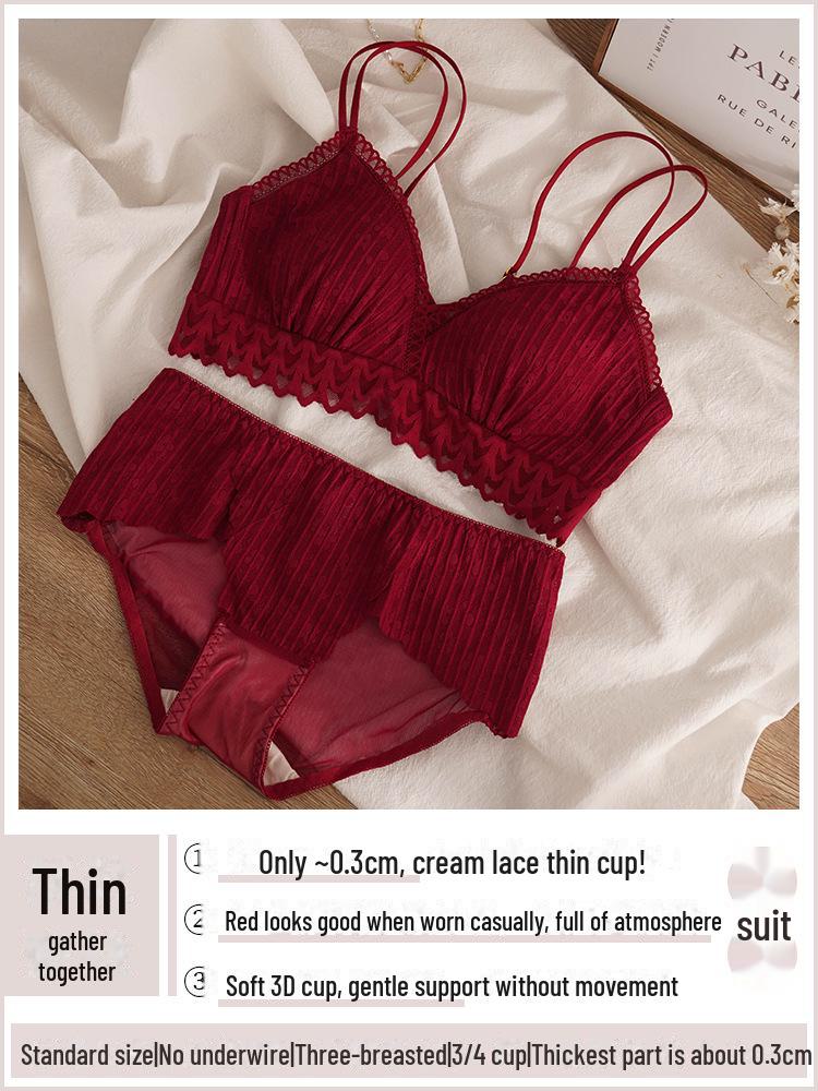 Women's Sexy Lace Red Bra Set - No Steel Ring, Side-Collecting Design