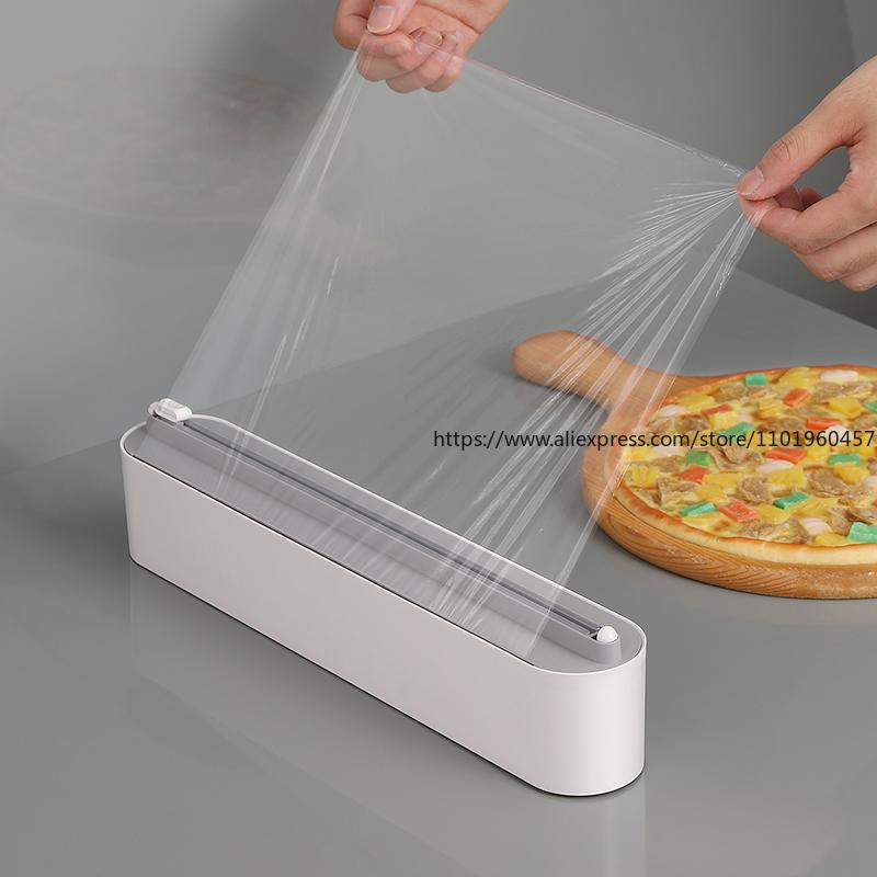 Einweg-Plastikfolienschneider für die Küche, reißfreies Schiebemesser, lebensmittelecht, magnetisch, zur Wandmontage am Kühlschrank, mit Folienfächern