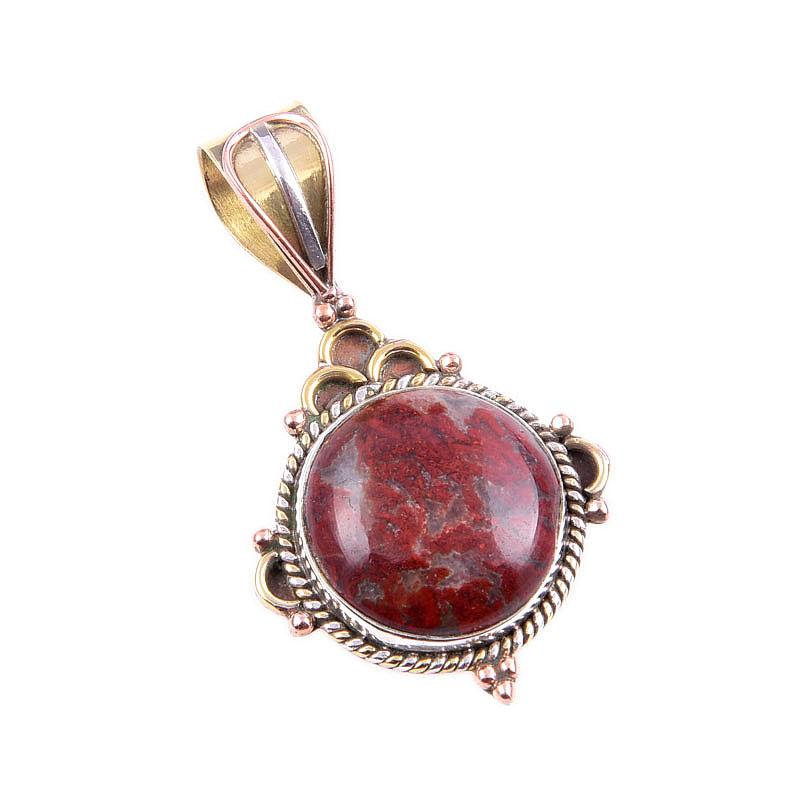 Natural Red Jasper Gemstone 925 Solid Sterling Silver Two Tone Pendant 1.5" R8m12