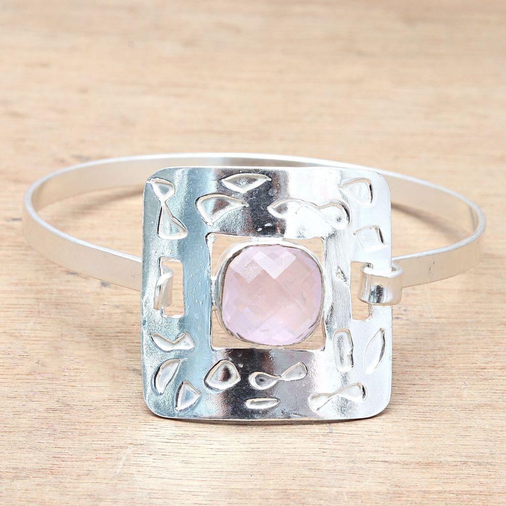 Pink Rose Quartz Gemstone Handmade Jewelry Cuff Bracelets 7''Adjustable