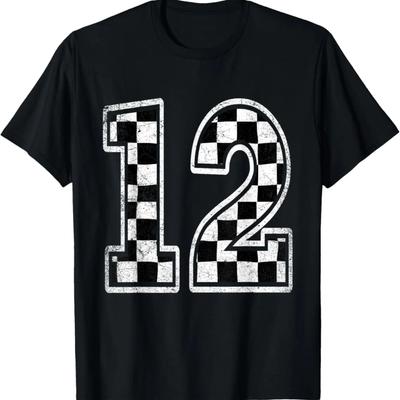 Number 12 Checkered Flag Pit Crew Race Car 12th Birthday Boy T-Shirt