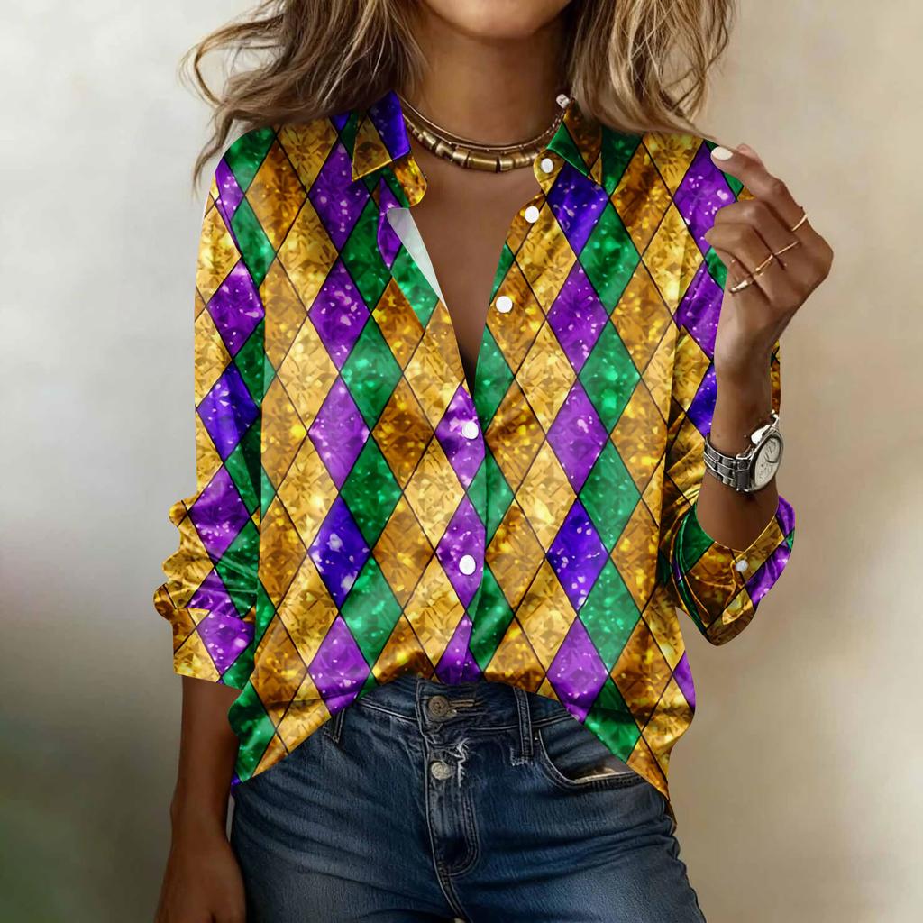 Camicia da donna, camicetta, stampa, bottoni, manica lunga, casual, basic, colletto, regolare