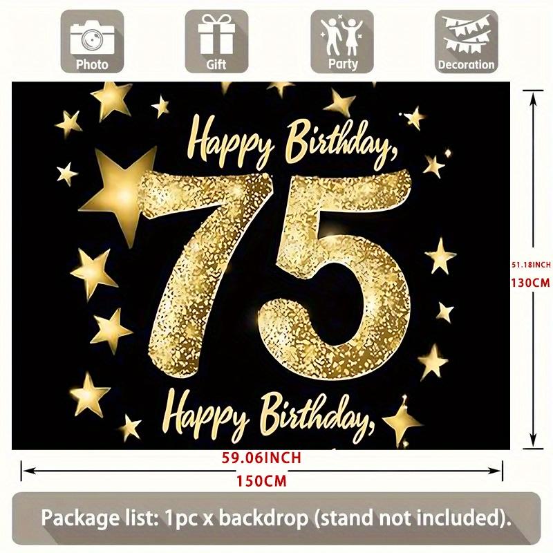 Happy 75th Birthday Golden & Gold Design, 1pc Polyester Party Backdrop Banner, Photo Booth Background, Wall Decor