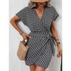 Summer V-Neck Geometric Print Wrap Tie Waist Short Sleeve Mini Dress