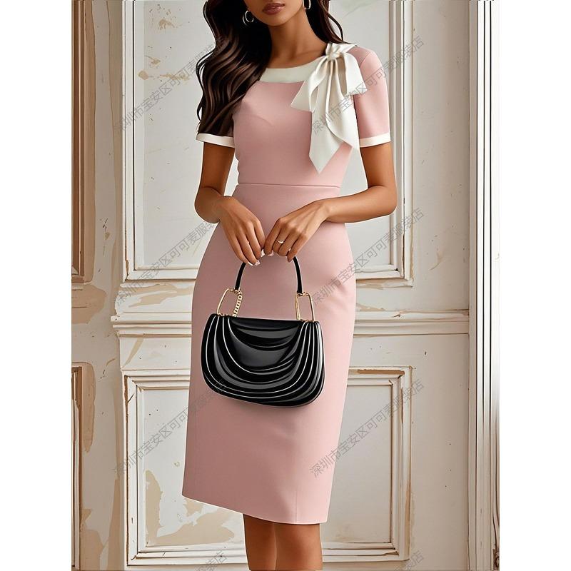 New women's clothing crew neck bow contrasting color slim dress splicing socialite party banquet dress