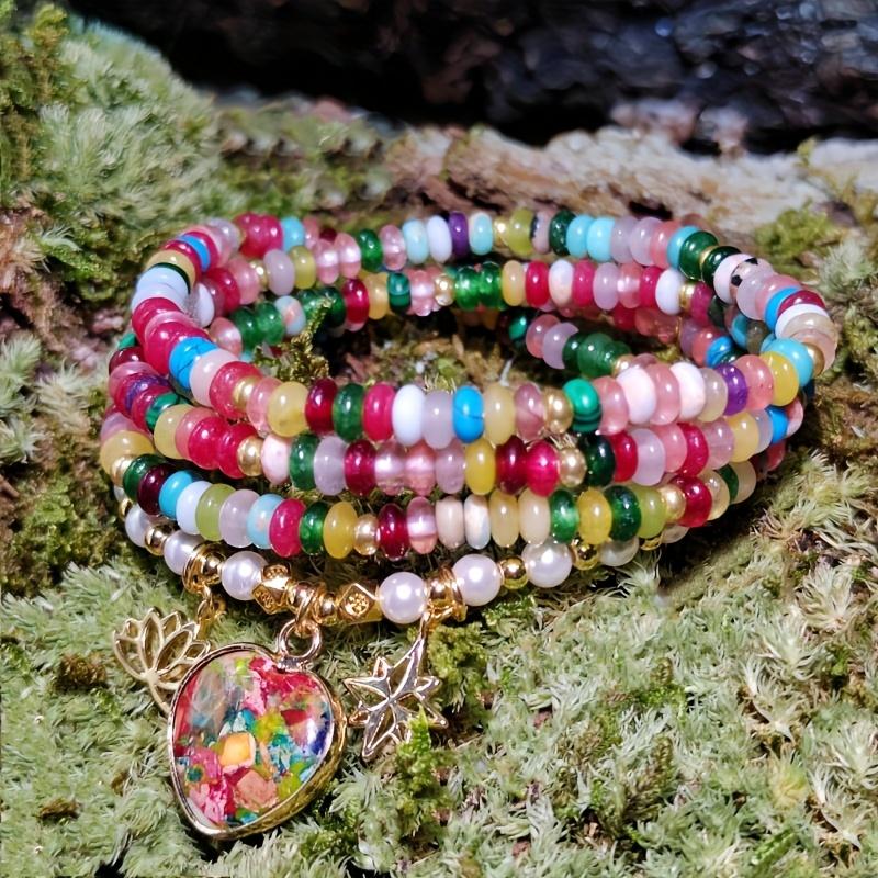 Bohemian Style Natural Colored Agate Elastic Heart-shaped Bracelet, Suitable for Everyday Wear, Parties, Vacations, and Can Also Be Worn As a Necklace