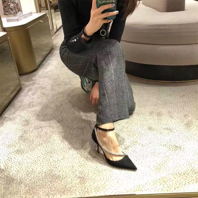 Women's Black Stiletto Heels 2025: Fashionable Pointed Toe, One-Strap Buckle, Rhinestone Closed-Toe Sandals.