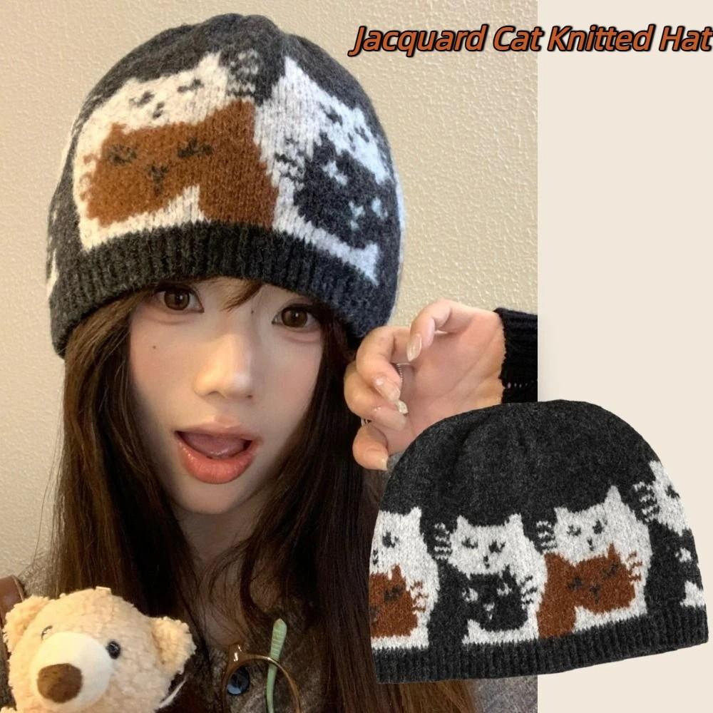 Printed Jacquard Pattern Beanies Warm Printing Knit Cap Casual Jacquard Cat Knitted Hat  Autumn