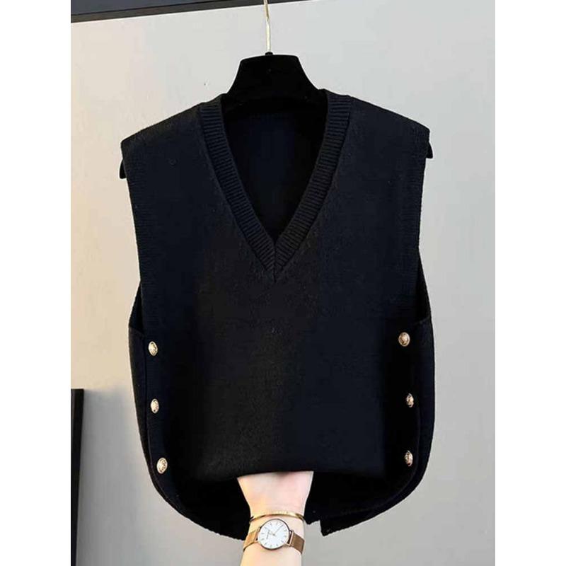 2025 Autumn Winter Sleeveless Knitted Pullover Women Sweater Vest Fashion Elegant V Neck Loose Outer Wear Casual Versatile Tank Tops Office Clothing