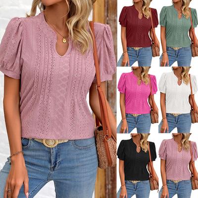 T-shirt da donna estiva a maniche corte con scollo a V traspirante a tinta unita