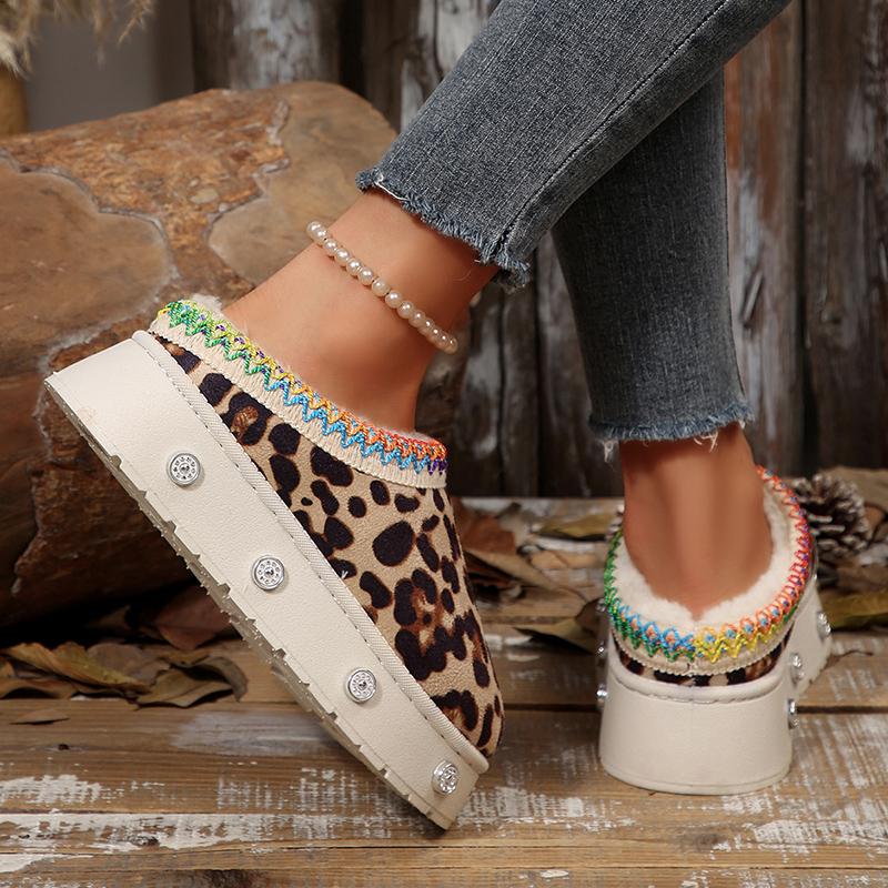 Vintage Leopard Print Women's Platform Snow Boots Anti Slip Warm Plush Ankle Boots Women Thick Sole Cotton Padded Shoes Woman