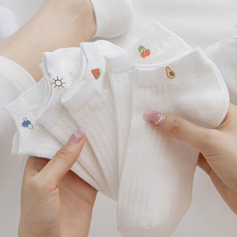 6 Pairs of Combed Cotton Fruit-embroidered Boat Socks for Women, Summer Deodorizing, Sweat-absorbing, Low-top, Invisible Short Socks