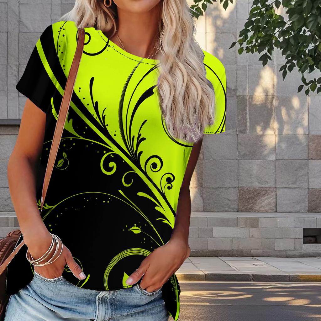 Camiseta feminina de verão com estampa de folhas, retrô, moda, manga curta, casual, estampada