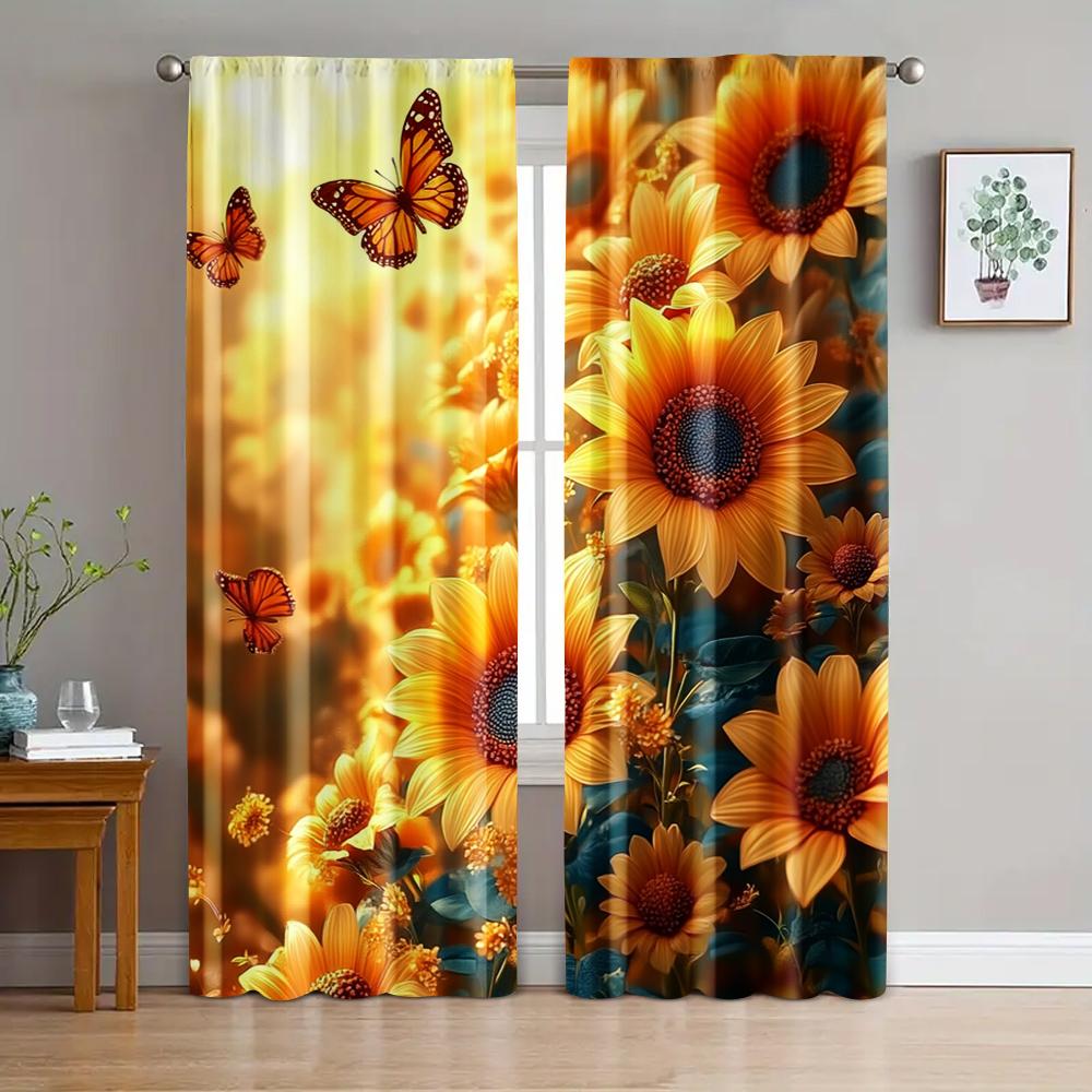 2pc,  Window Curtains Sunflower 100% Polyester,Without Electricity Family Party Decoration Applies To Hotel Decoration