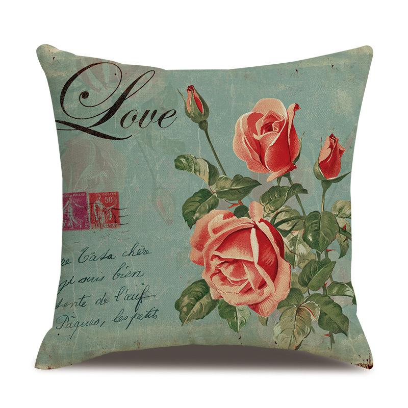 Linen Pillowcase American Rustic Rose Sofa Cushion Cover Retro Style Car Home Soft Decoration