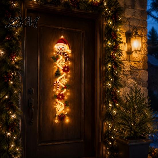 Light Up Seasonal Home Decor Glowing Christmas Door Hanger, Crochet Spiral Ornament with LED Lights, Snowman Santa Reindeer Entryway Festive