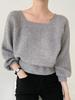 Women's Thick Knit Sweater: 2023 Autumn/Winter, Square Collar, Lantern Sleeves, Loose Fit.
