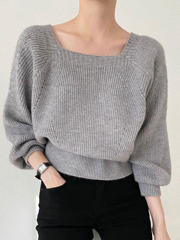 Women's Thick Knit Sweater: 2023 Autumn/Winter, Square Collar, Lantern Sleeves, Loose Fit.