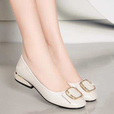 Leather Single Shoes Women's Low Heels Spring and Autumn New Round Head Thick Heel Leather Shoes Shallow Mouth Flat Shoes Women