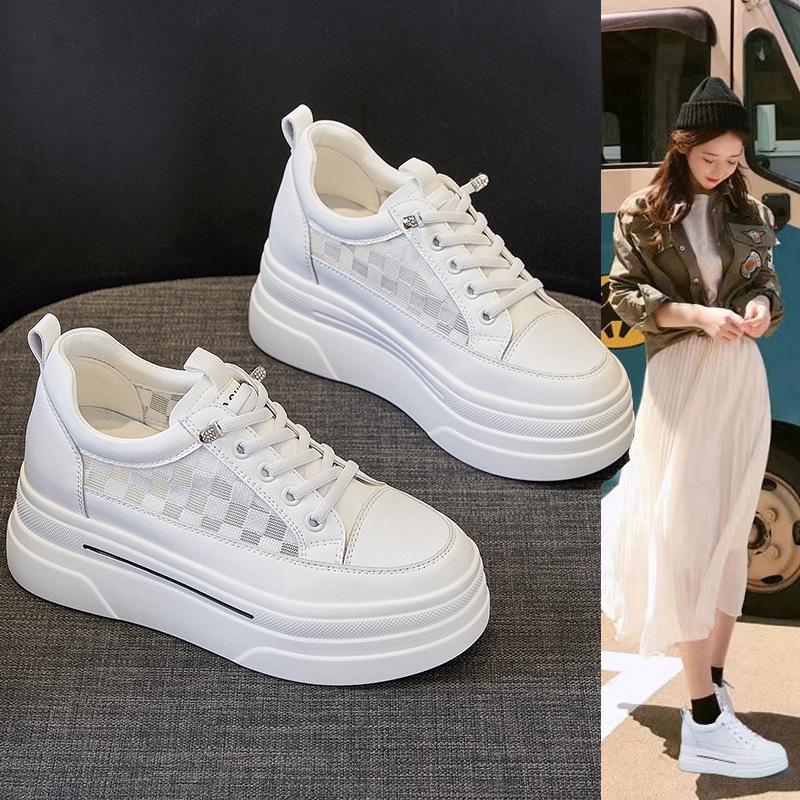 Small inner height increase thick-soled wedge heel 2025 autumn new casual women's net shoes breathable and comfortable muffin white shoes