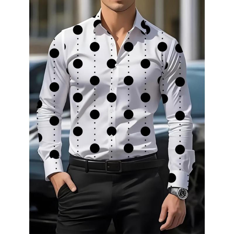 Camisa de Manga Larga con Lunares Grandes para Hombre, Camisa de Negocios con Cuello, Top Versátil Casual Europeo y Americano para Hombre