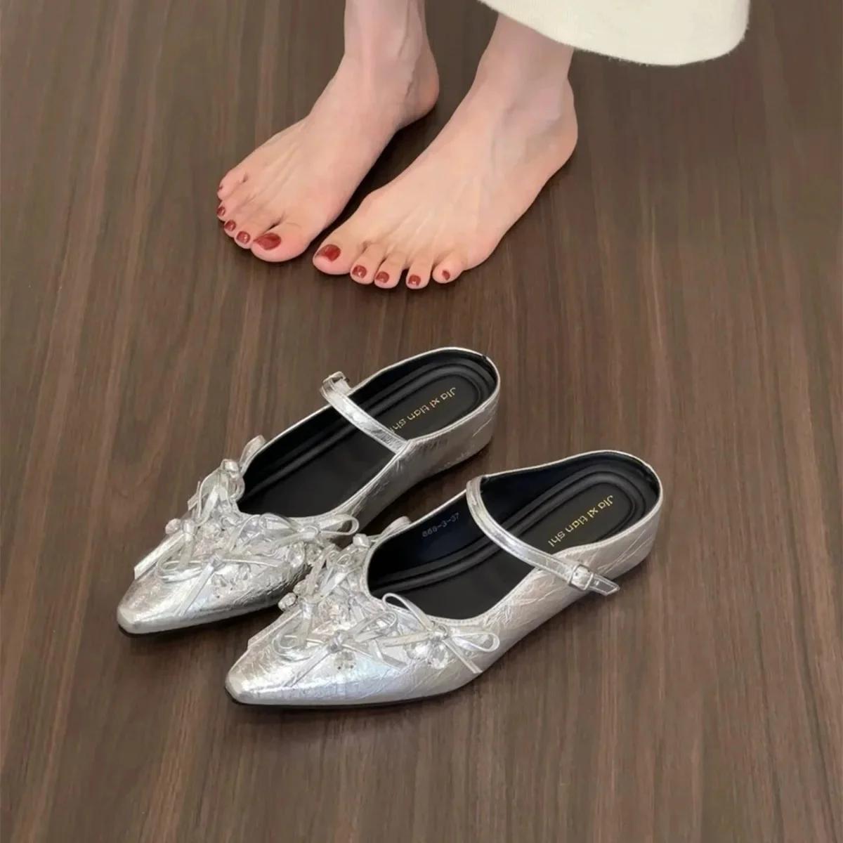 

Women s Butterfly Knot Head Cover Half Slippers Crystal Embellished Flat Shoes Outdoor Wear Spring Summer Silver Color 40