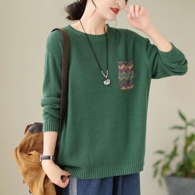 Women Vintage Pullover Sweaters Solid Color Long Sleeve O-Neck Knitted Cotton Autumn Women Casual Sweaters