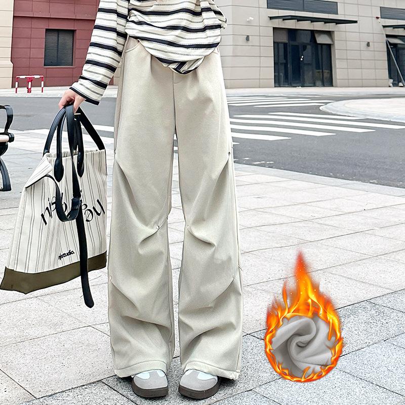 Working Trousers for Women Design Winter Plus Fleece New Niche Loose Straight Wide-leg Casual Pants