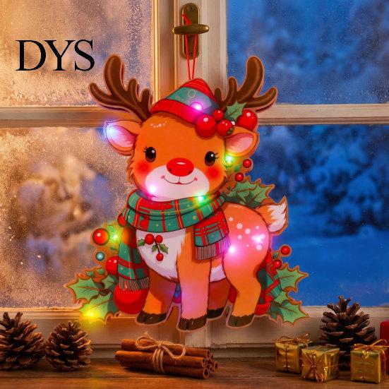 Reusable Xmas Door Hanging LED Light Up Christmas Ornaments, Santa Reindeer Bear Wreath Holiday Party Background Supplies Hanger, Battery Powered Wall