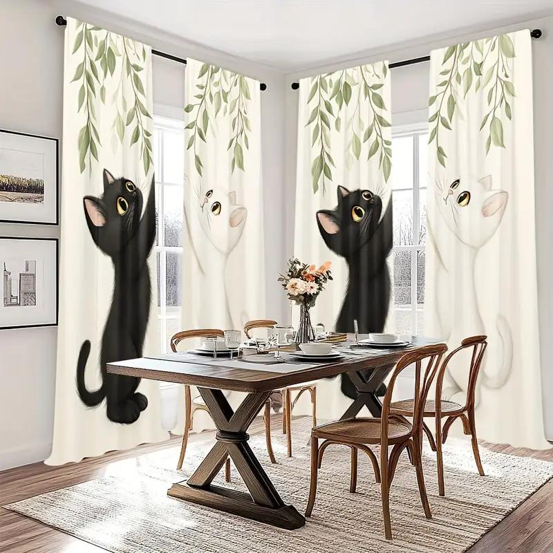 2Pcs- Elegant Cat Print Curtains, Pole Bag Curtains, Bedroom And Living Room, Home Decoration, Room Decoration