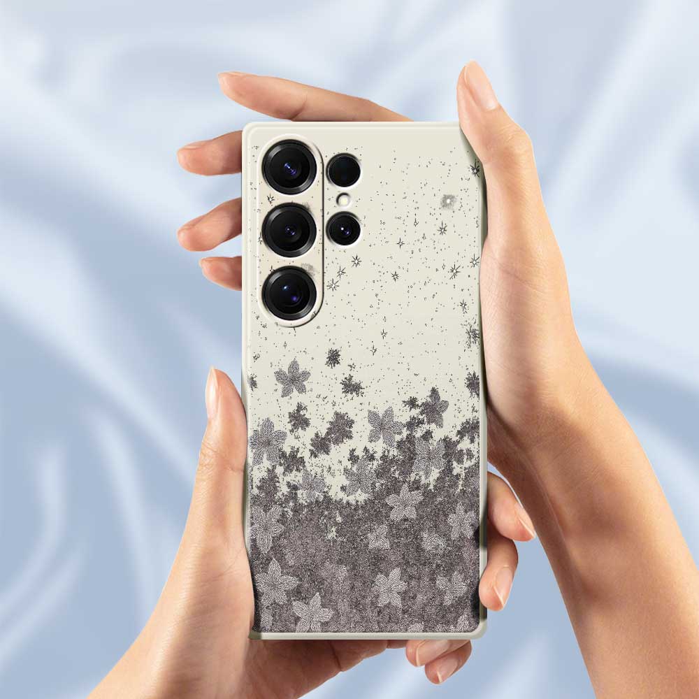 For Samsung Galaxy S25 Ultra Case Grey Flowers Pattern Printing Straight Edge TPU Phone Back Cover