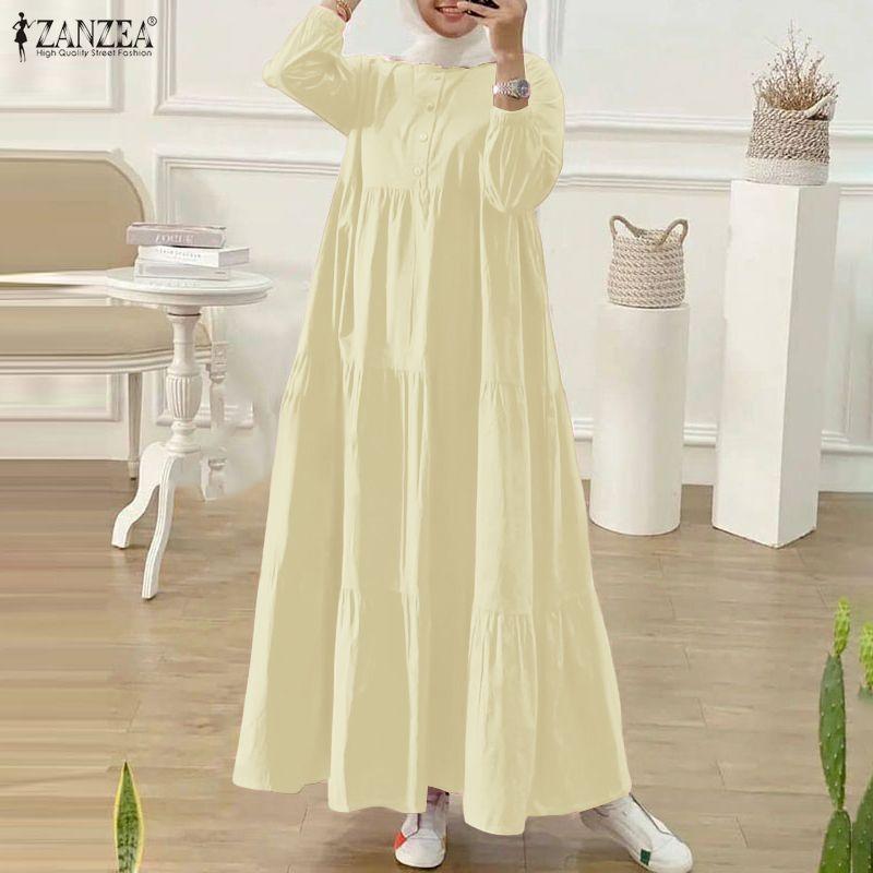 ZANZEA Women Casual Round Neck Loose Long Sleeve Muslim Dress