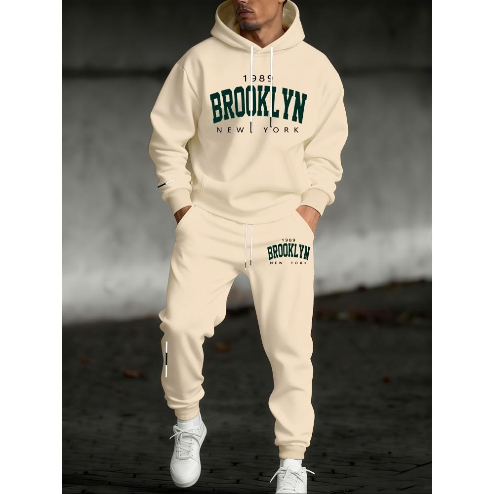 Set Casual alla Moda da Uomo in 2 Pezzi con Felpa con Cappuccio e Coulisse con Stampa Bandiera a Lettere e Pantaloni Sportivi da Esterno con Coulisse, Set Cool