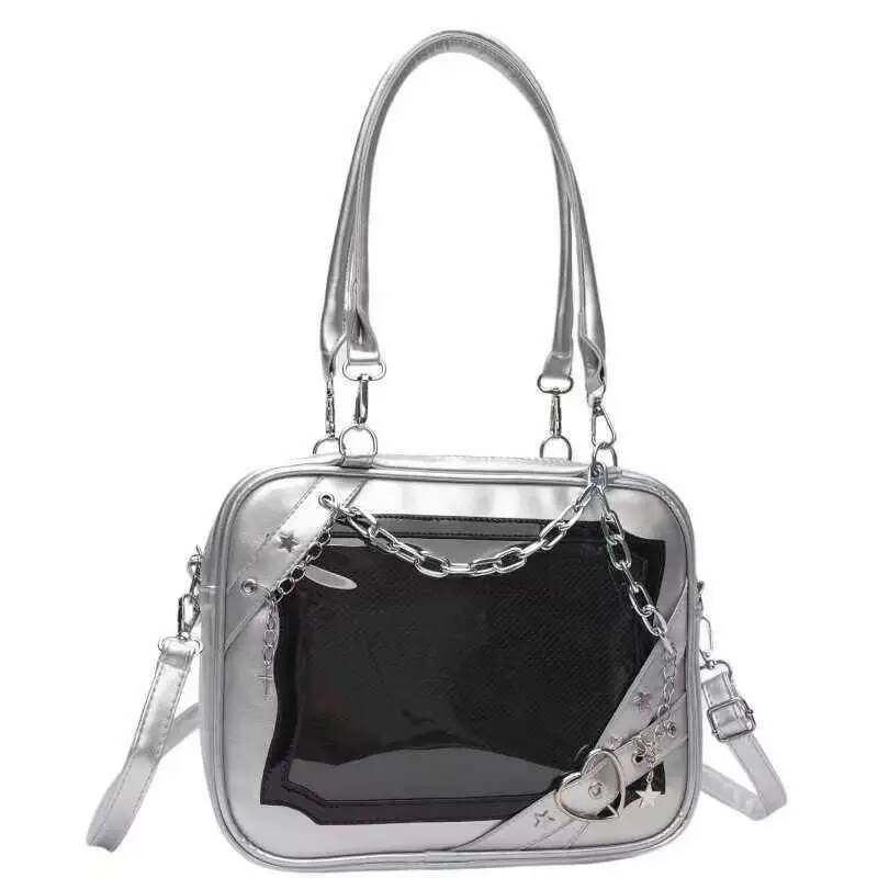 Y2K Cool Hot Ita Shoulder Bag Harajuku Girls Gothic Chain Transparent Tote Bag Large Capacity Crossbody Bag DIY Display Handbags