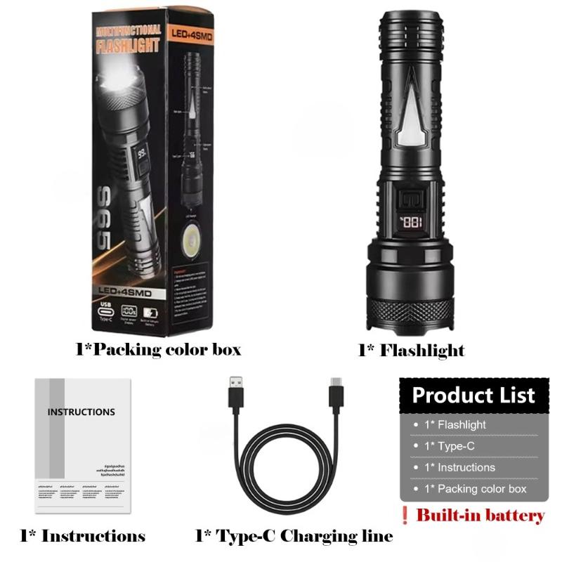 

High Power LED Flashlight 18650 LED Torch USB Type-C Rechargeable LED Flashlight with Side Light Outdoor Hiking Camping Lantern 1LED