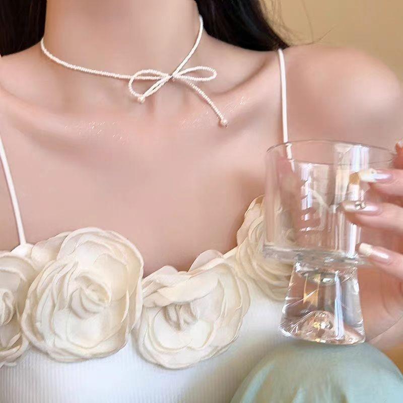 Fashion Sweet Bow Pearl Necklace for Women Girls Sparkling Delicate Ribbon Bowknot Beaded Chain Chokers Party Jewelry Gift