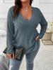 Women's V Neck Long Sleeve Knit Top Loose Fit Casual Solid Color Ribbed Plus Size Sweater Tunic