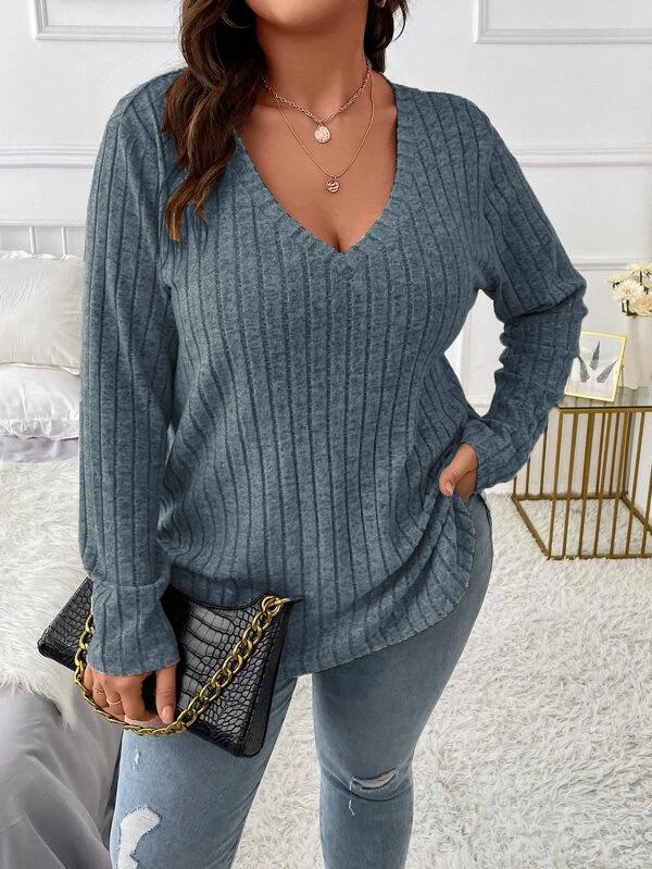 Women's V Neck Long Sleeve Knit Top Loose Fit Casual Solid Color Ribbed Plus Size Sweater Tunic
